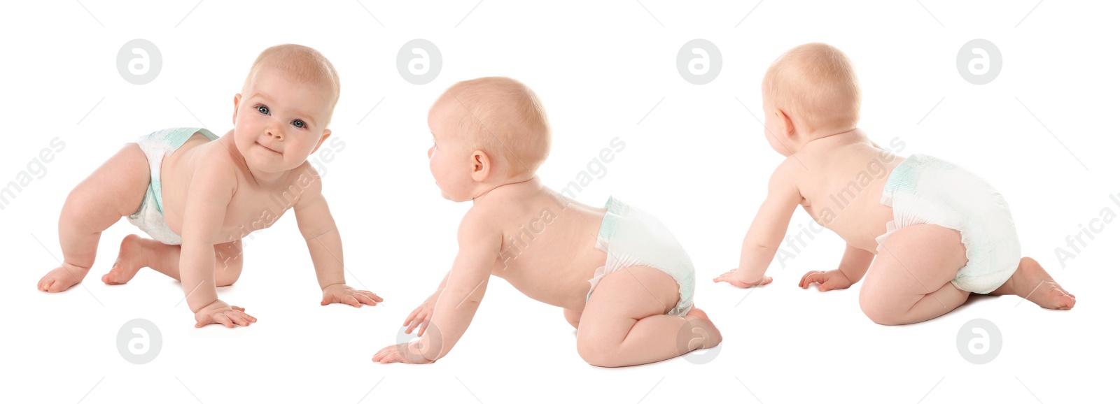 Image of Collage with photos cute little baby crawling on white background. Banner design