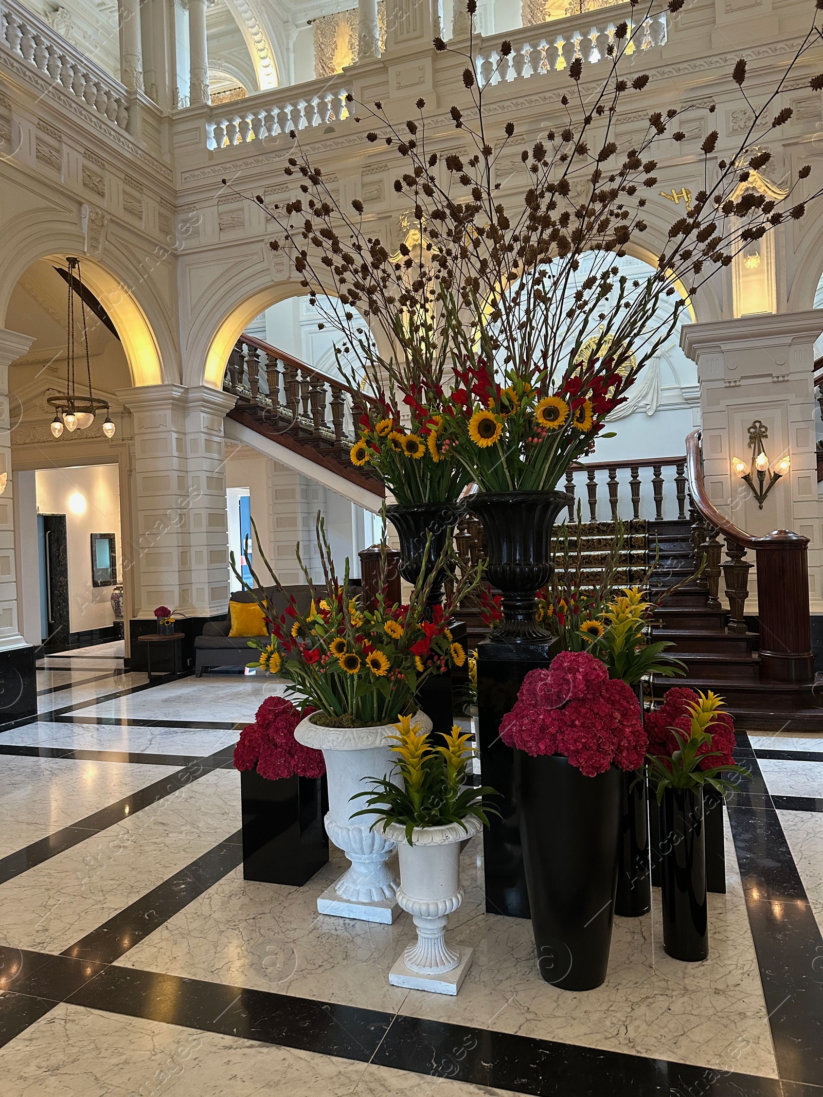 Photo of Amsterdam, Netherlands - September 23, 2023: Vases with beautiful flowers in Amstel Hotel