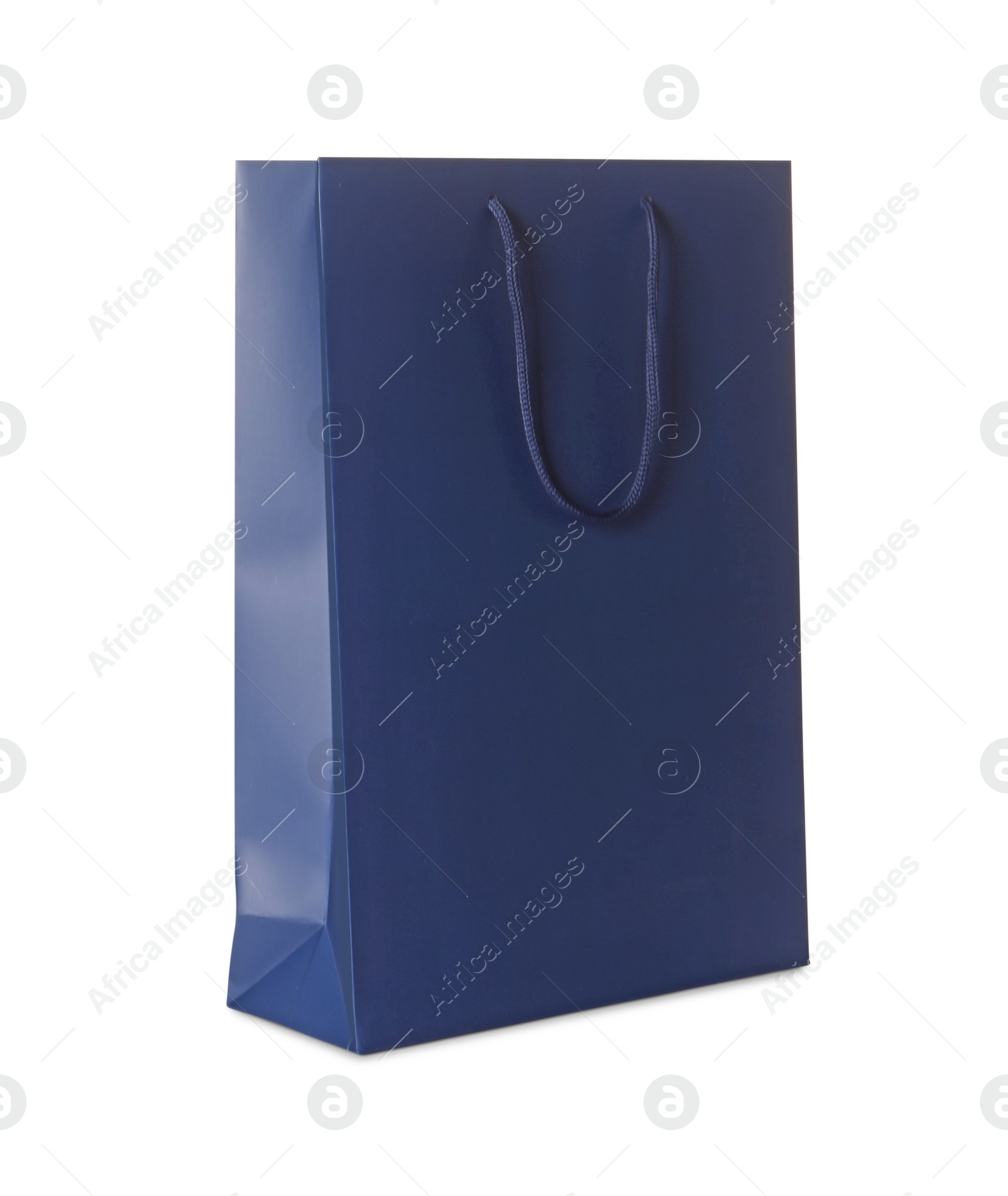 Photo of One dark blue shopping bag isolated on white