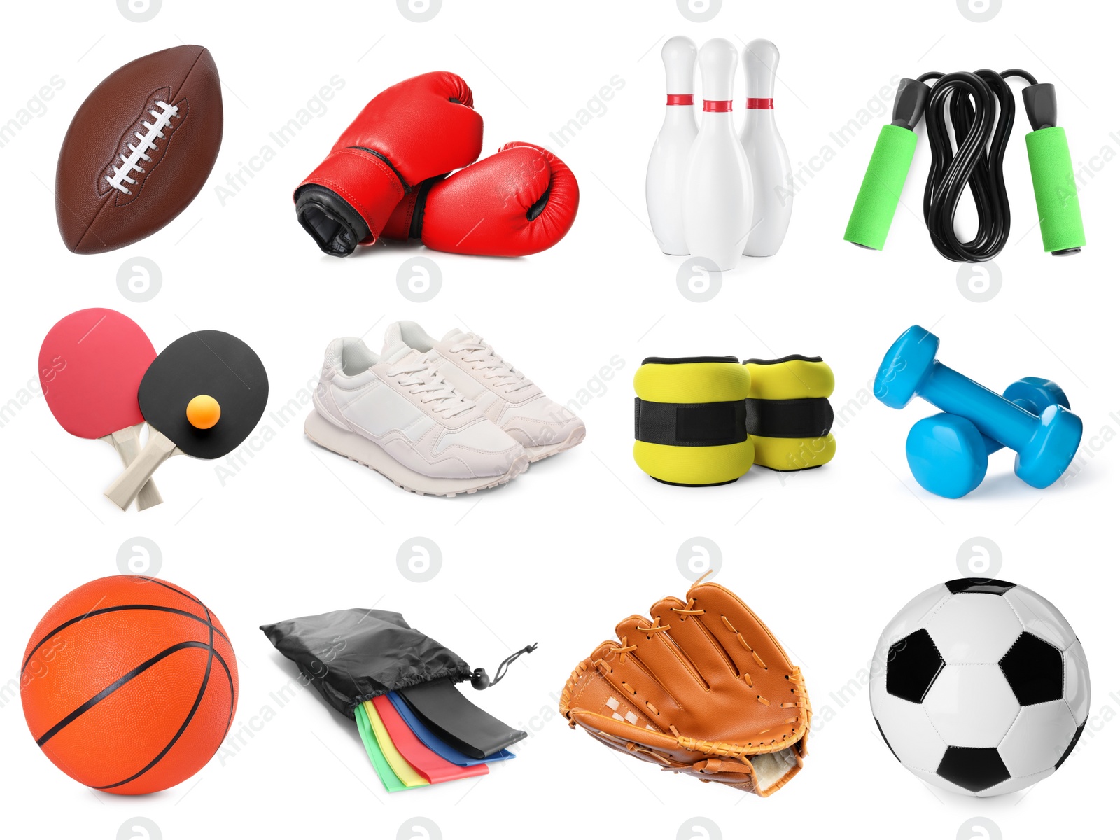 Image of Different balls and other sports equipment isolated on white, set