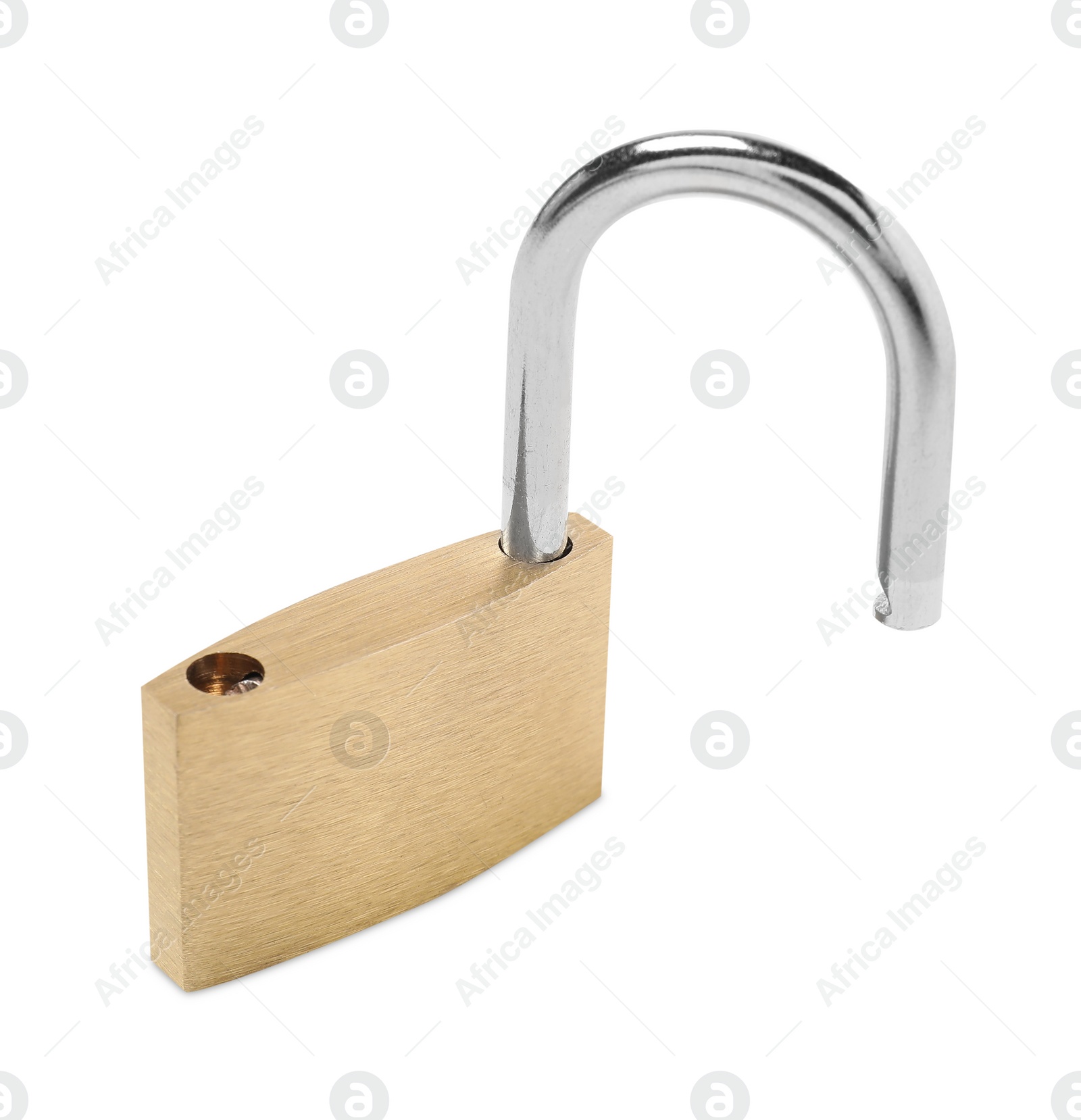 Photo of One new steel padlock isolated on white