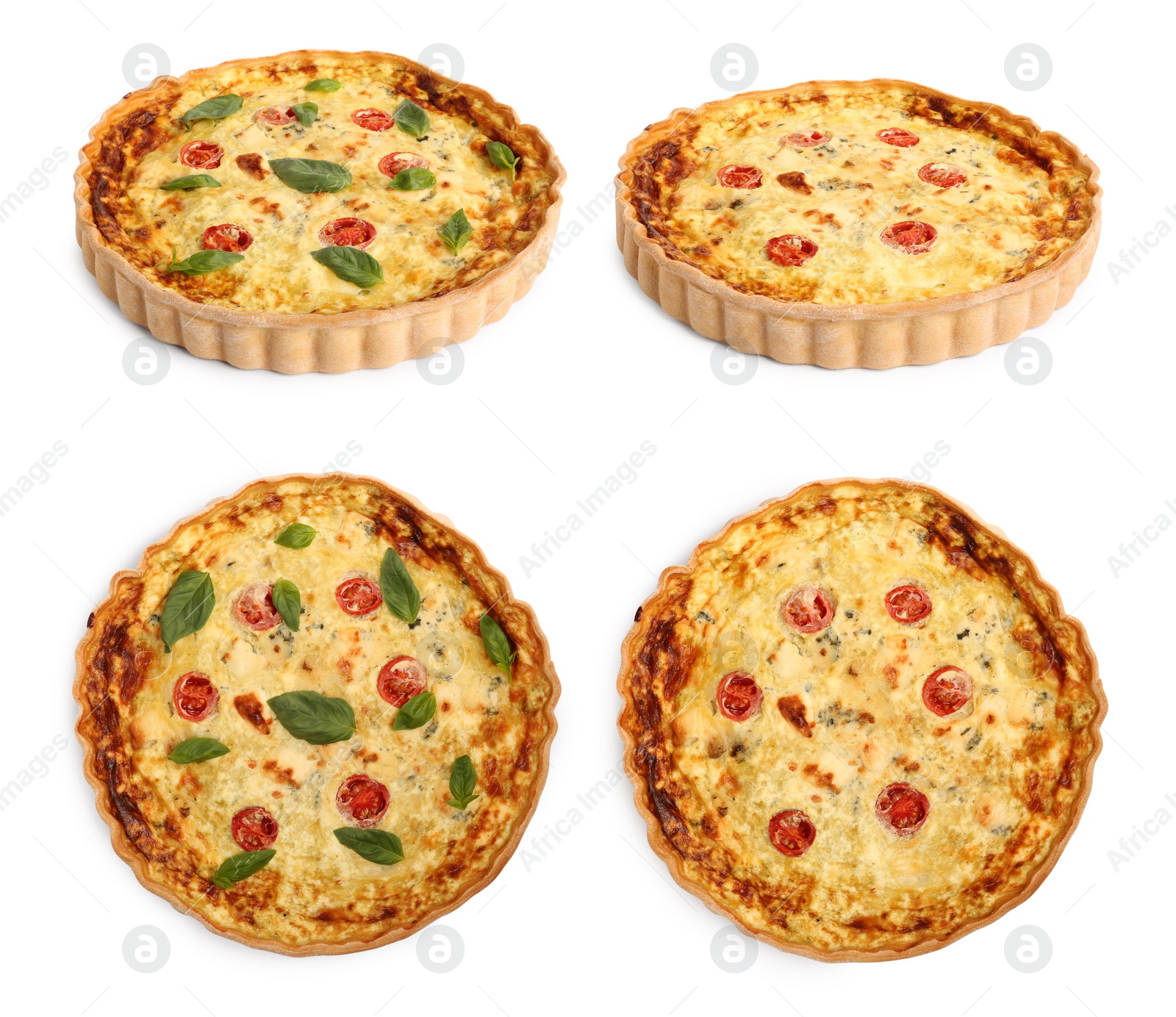 Image of Different tasty quiches isolated on white, collage with side and top views