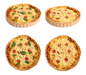 Image of Different tasty quiches isolated on white, collage with side and top views