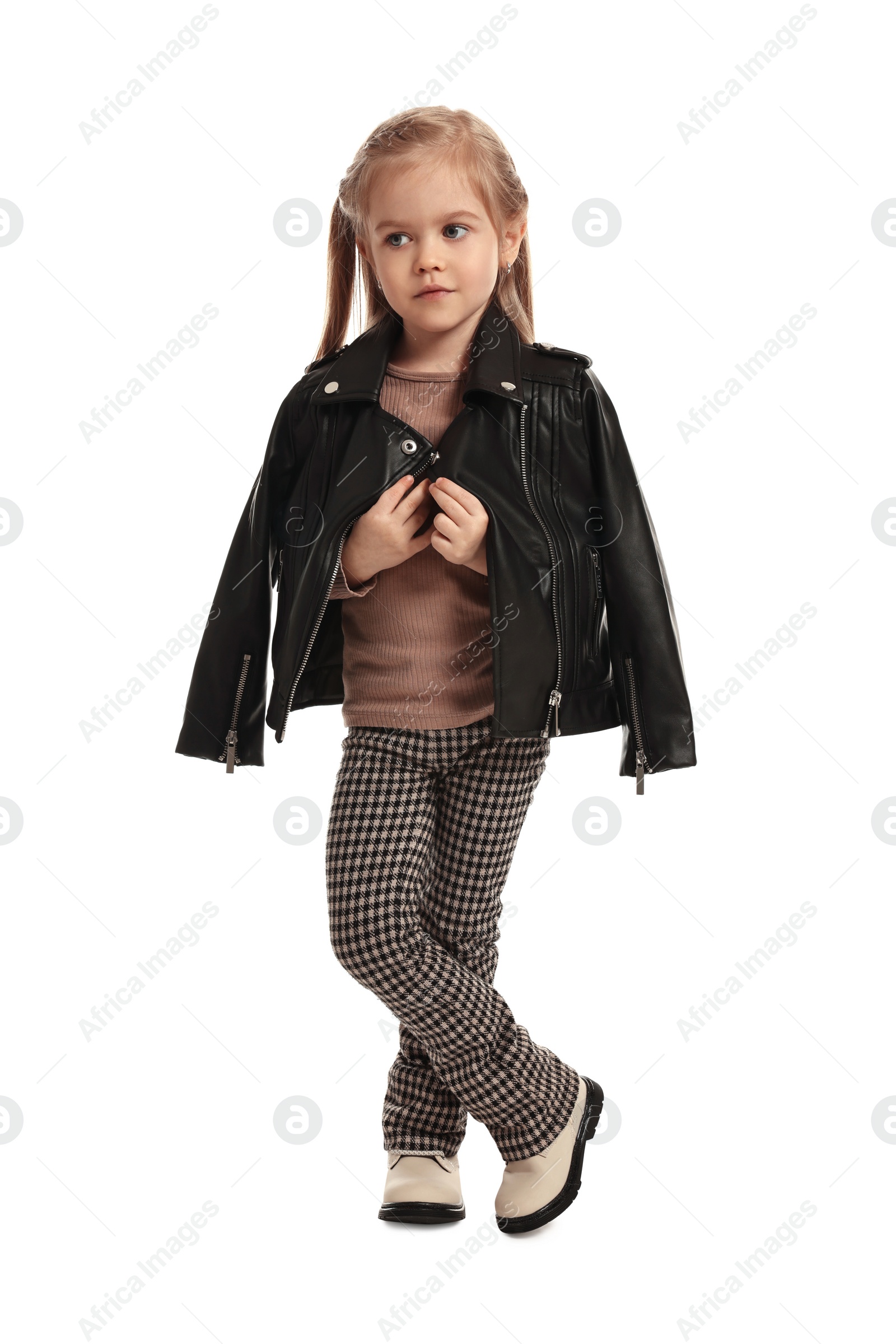 Photo of Fashion concept. Stylish girl posing on white background