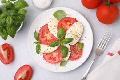 Photo of Plate of delicious Caprese salad with herbs and ingredients on light grey table, flat lay