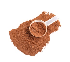 Photo of Pile of chocolate protein powder and scoop isolated on white, top view