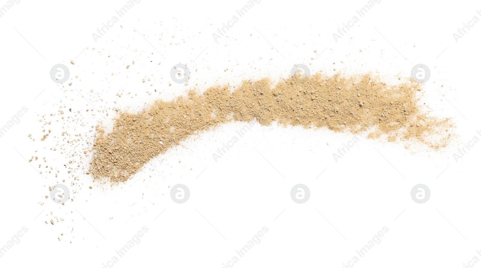 Photo of Pile of brown dust scattered on white background, top view