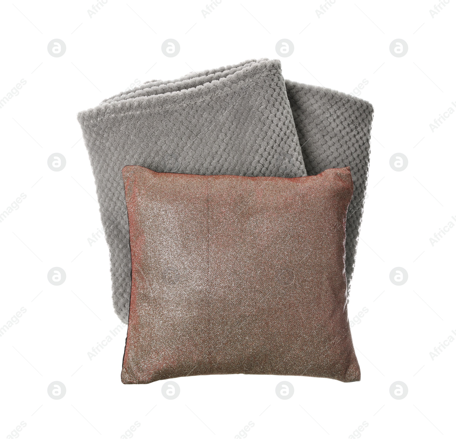 Photo of Stylish pillow and plaid isolated on white, top view