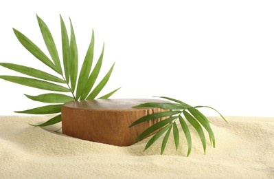 Photo of Presentation of product. Wooden podium and palm leaves on sand against white background