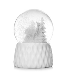Photo of Beautiful snow globe on white background. Christmas toy