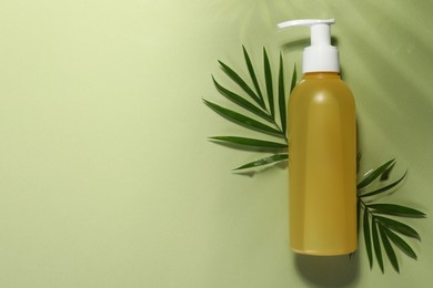 Bottle of facial cleanser and leaves in water against olive background, flat lay. Space for text