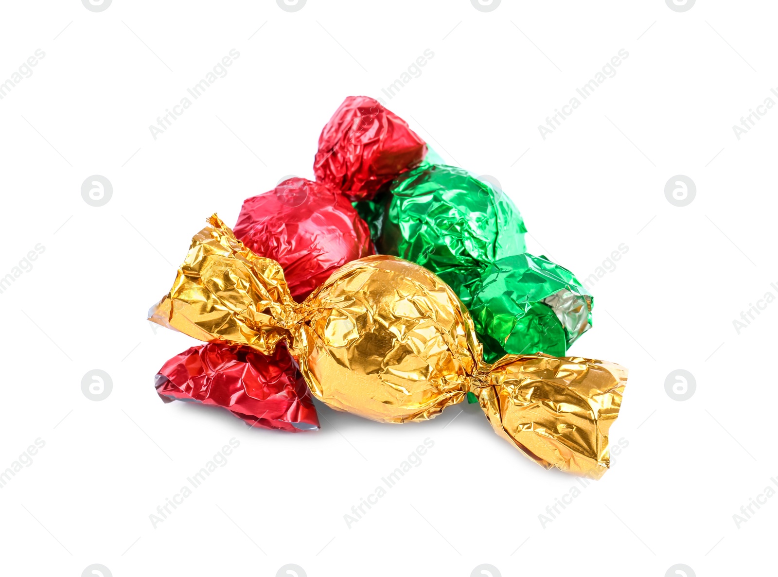 Photo of Tasty candies in colorful wrappers isolated on white