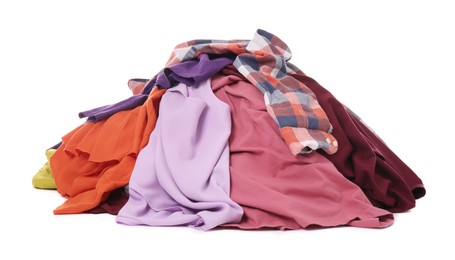 Photo of Pile of dirty clothes on white background