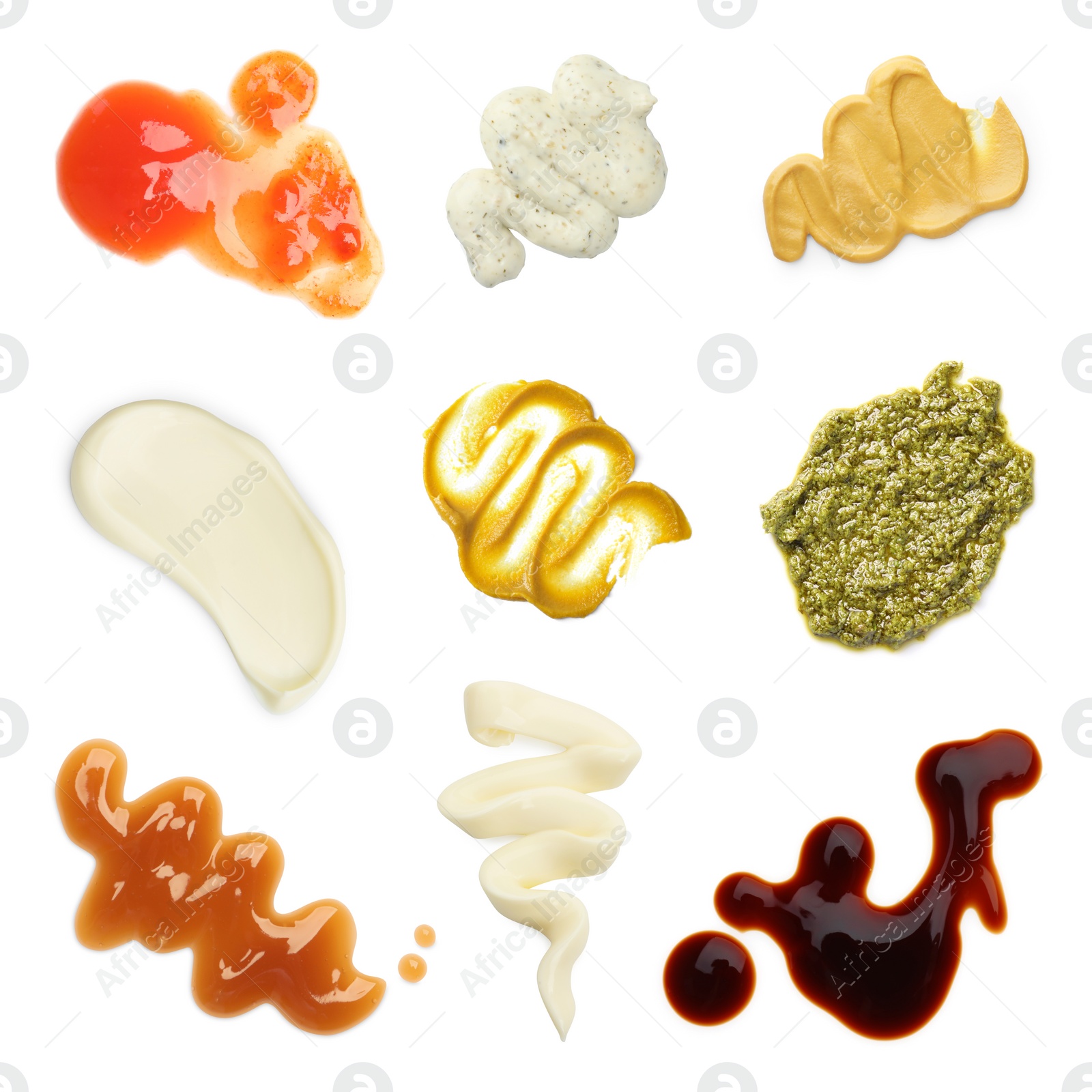 Image of Set of different sauces isolated on white, top view