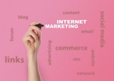 Image of Internet marketing. Woman with marker and different words on pink background, closeup