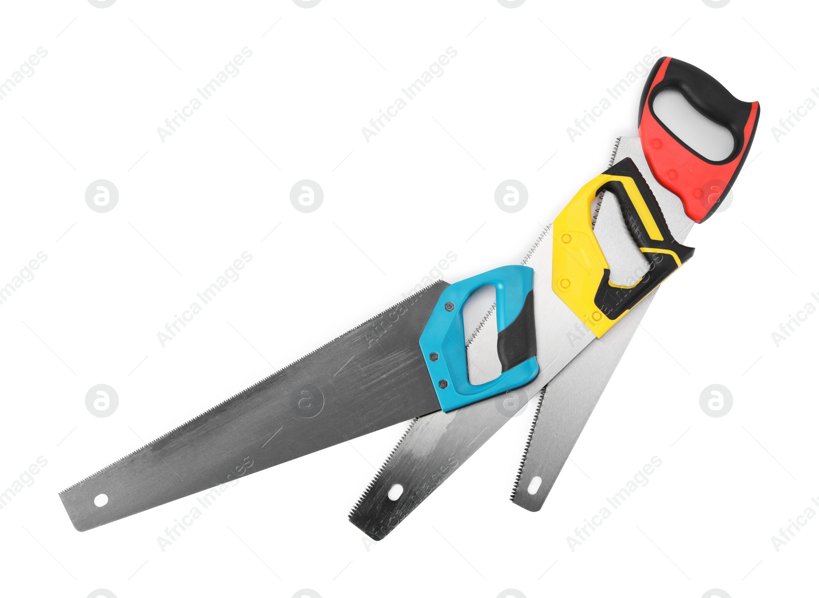 Photo of Saws with colorful handles isolated on white, top view