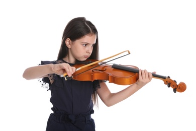 Photo of Preteen girl playing violin on white background