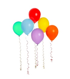 Many colorful balloons floating on white background