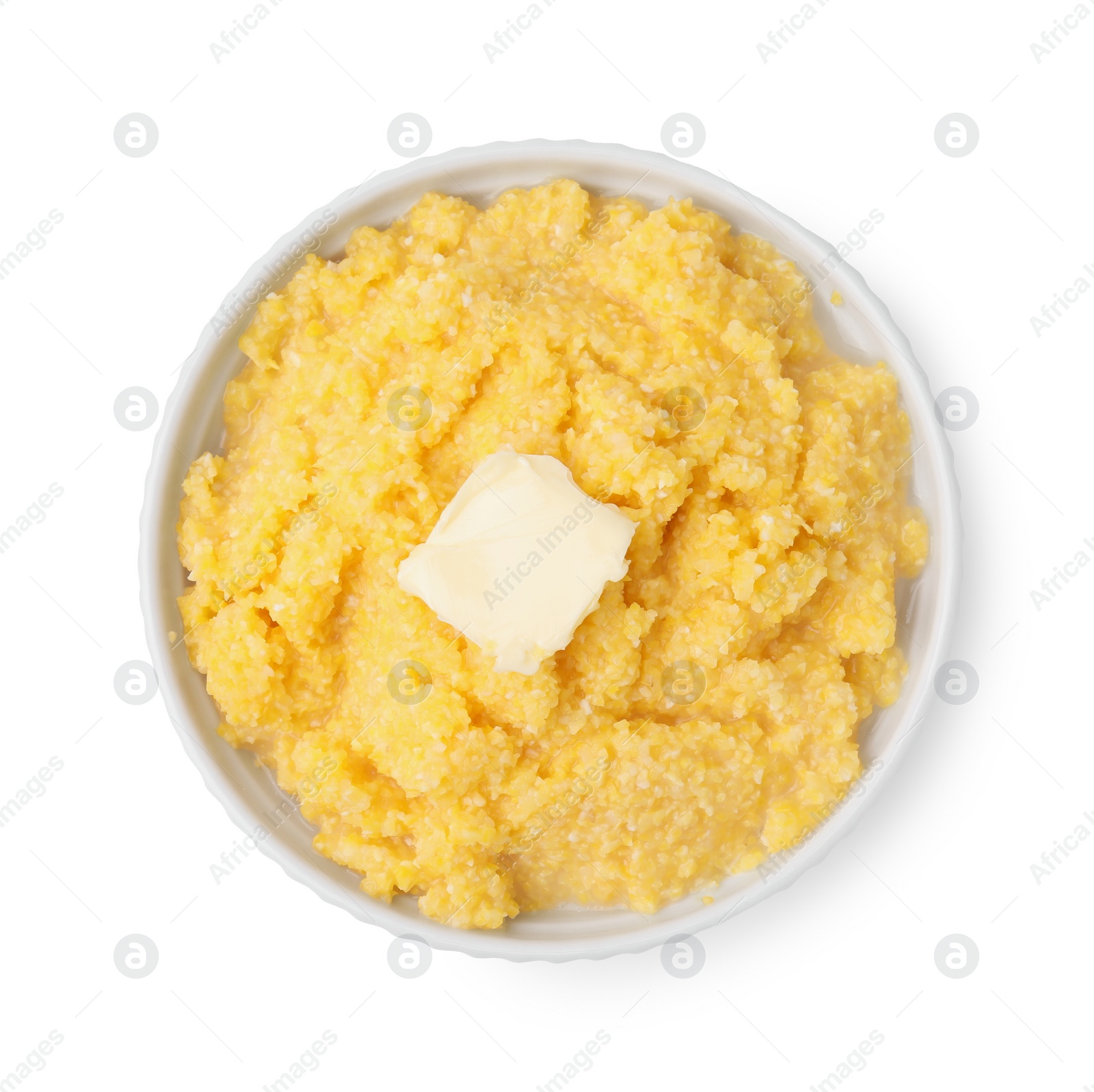 Photo of Tasty cornmeal with butter in bowl isolated on white, top view