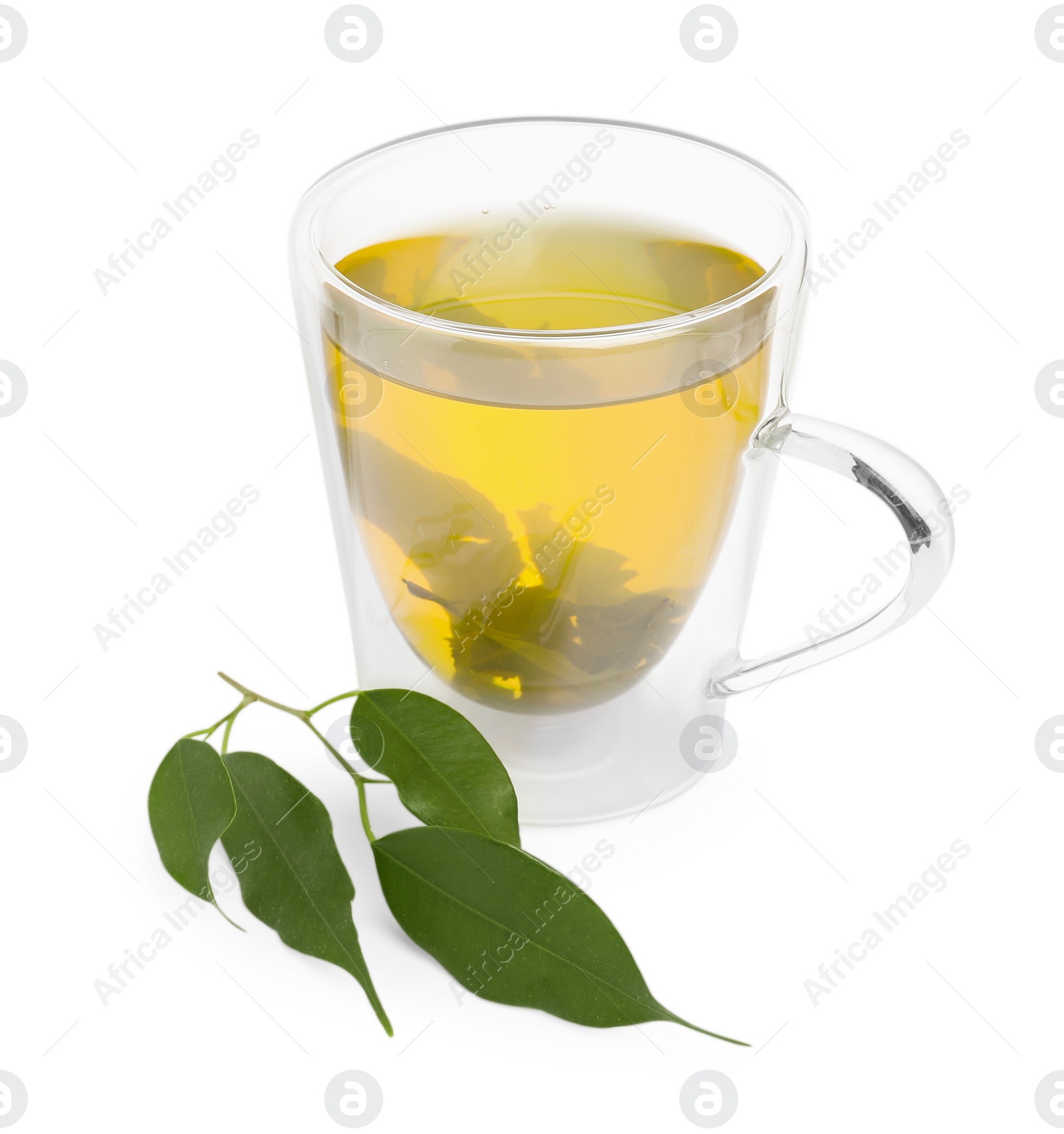 Photo of Fresh green tea in glass mug and leaves isolated on white