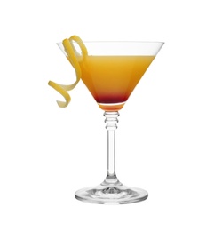 Photo of Glass of martini cocktail with lemon zest on white background