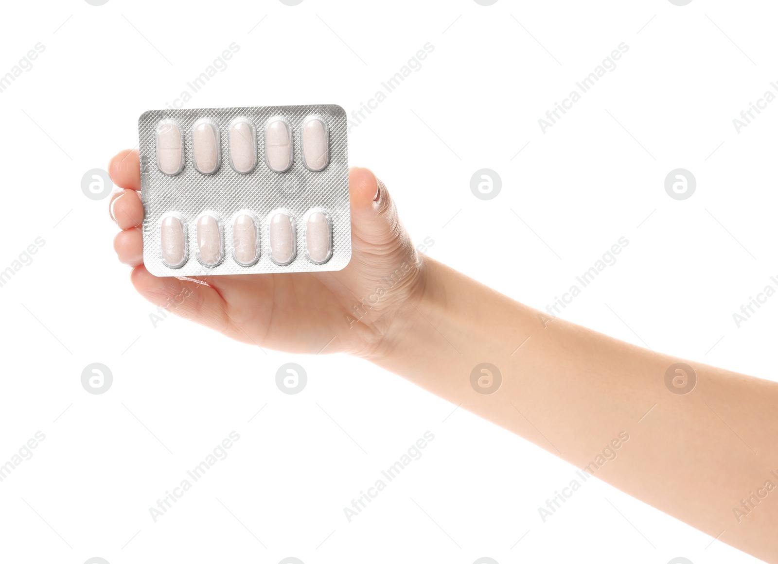 Photo of Woman holding pills in blister pack on white background, closeup