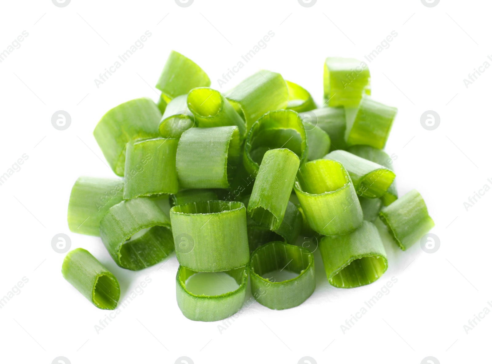 Photo of Cut fresh green onion on white background