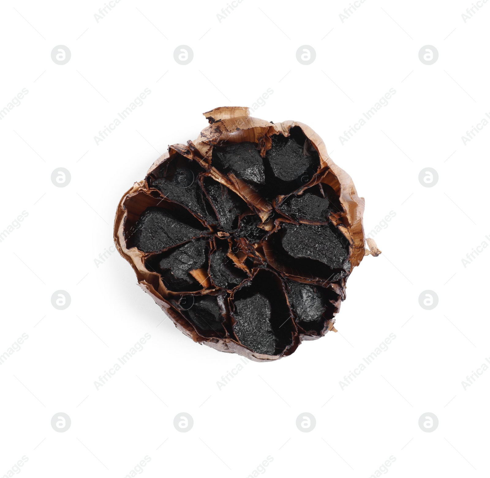 Photo of Organic fermented black garlic isolated on white, top view