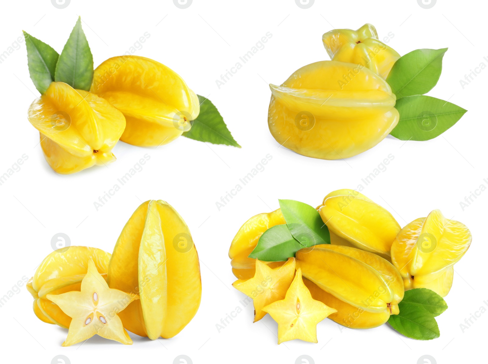 Image of Set with delicious ripe carambola fruits on white background 