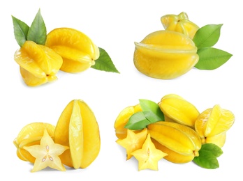 Set with delicious ripe carambola fruits on white background 