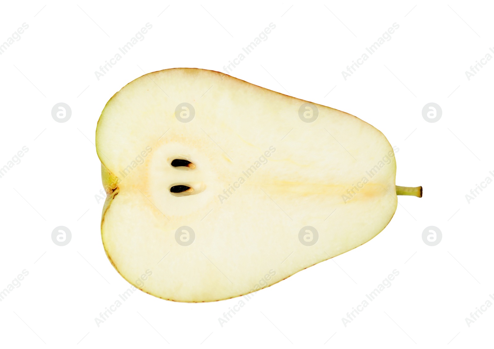 Photo of Half of ripe juicy pear isolated on white, top view