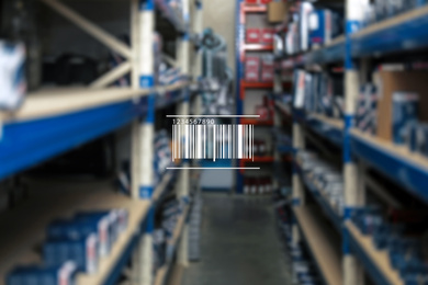 Image of Barcode and blurred view of modern wholesale shop