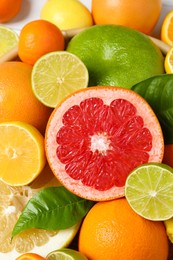 Photo of Different ripe citrus fruits with green leaves on white table, closeup