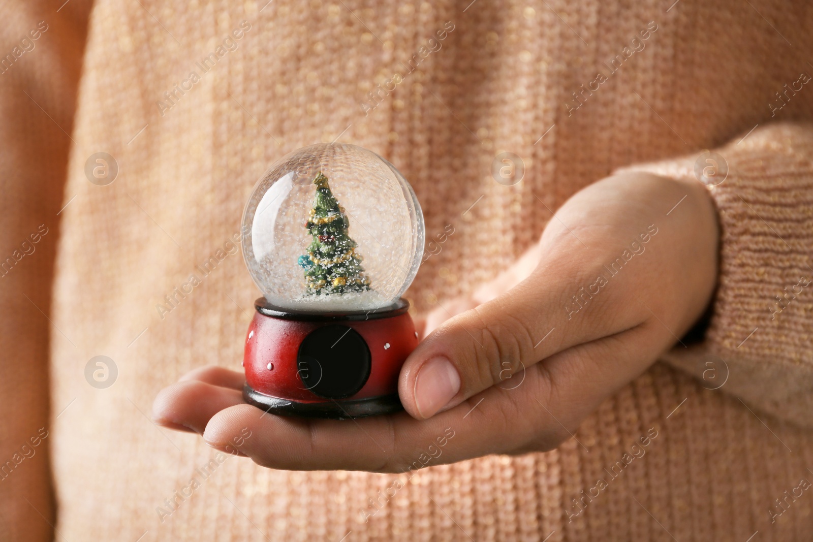 Photo of Woman holding snow globe with Christmas tree, closeup