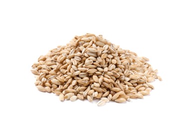 Photo of Pile of raw pearl barley isolated on white