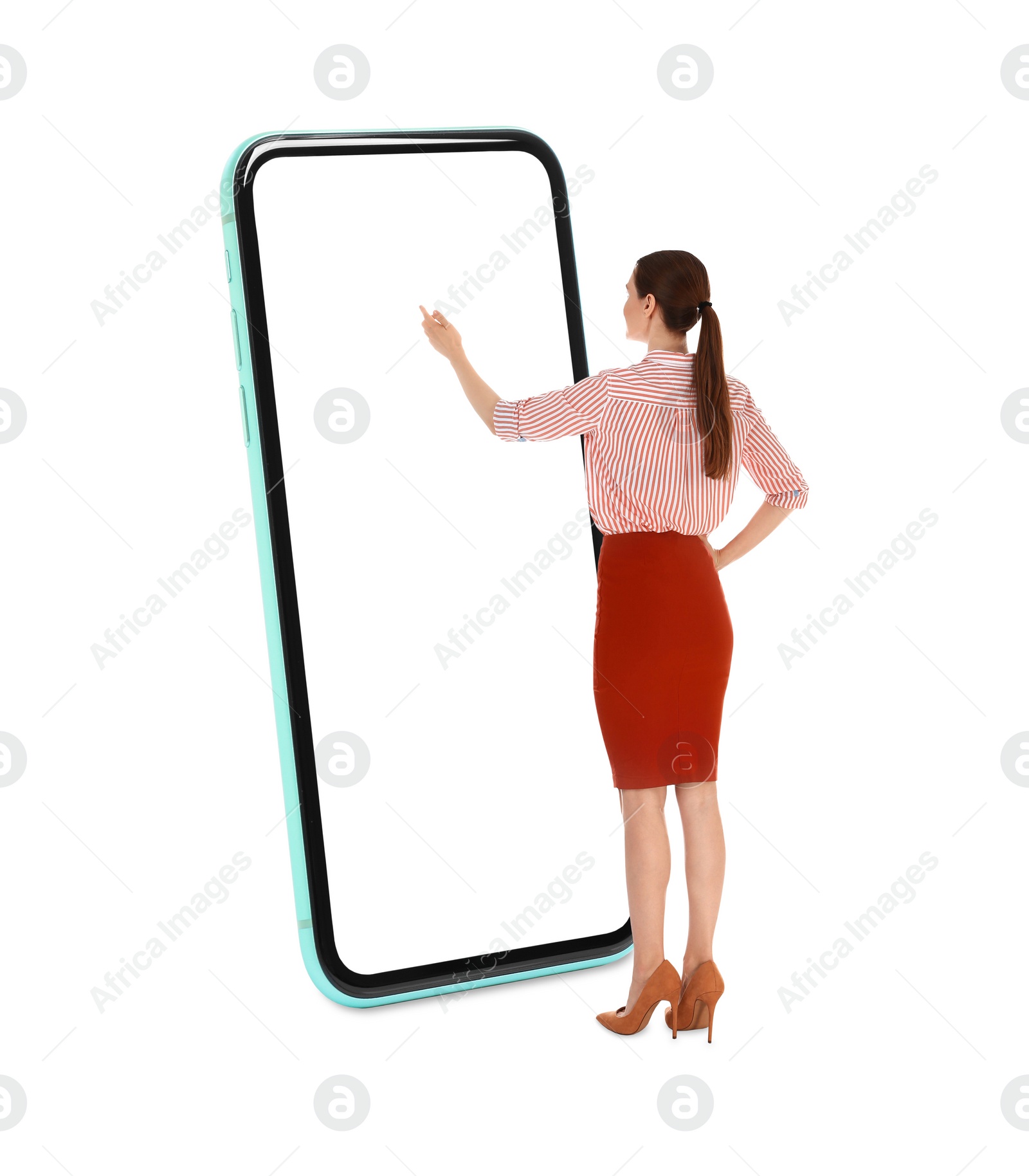 Image of Woman using big smartphone on white background