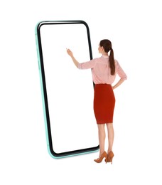 Image of Woman using big smartphone on white background