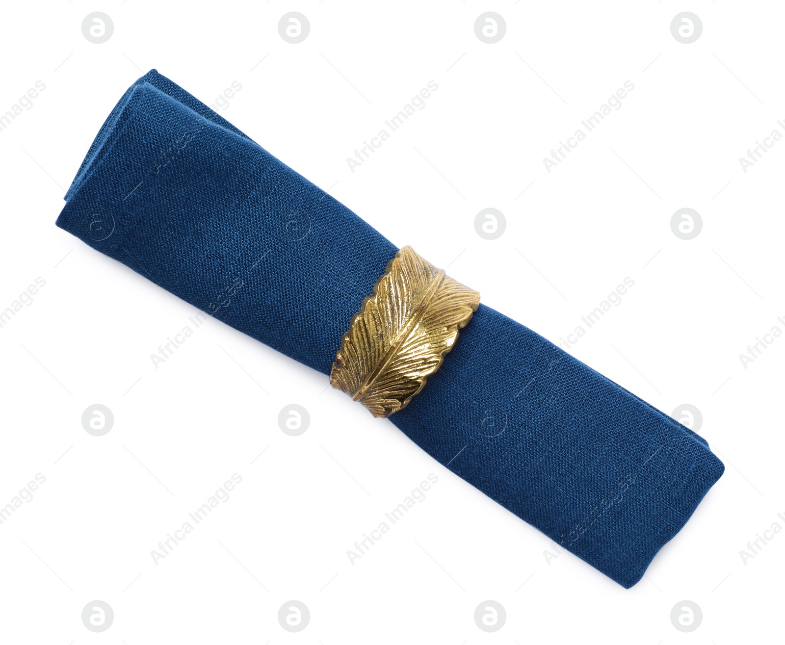 Photo of Blue fabric napkin with decorative ring for table setting on white background, top view