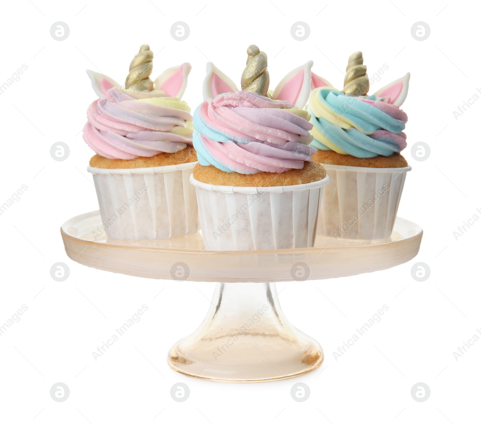 Photo of Dessert stand with cute sweet unicorn cupcakes on white background