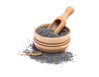 Bowl with poppy seeds on white background