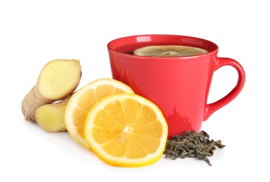 Photo of Cup of tea, lemon slices and ginger on white background