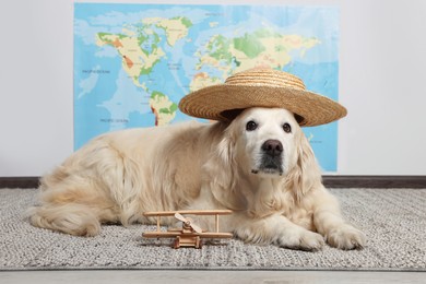 Photo of Cute golden retriever in straw hat near toy airplane on floor against world map indoors. Travelling with pet