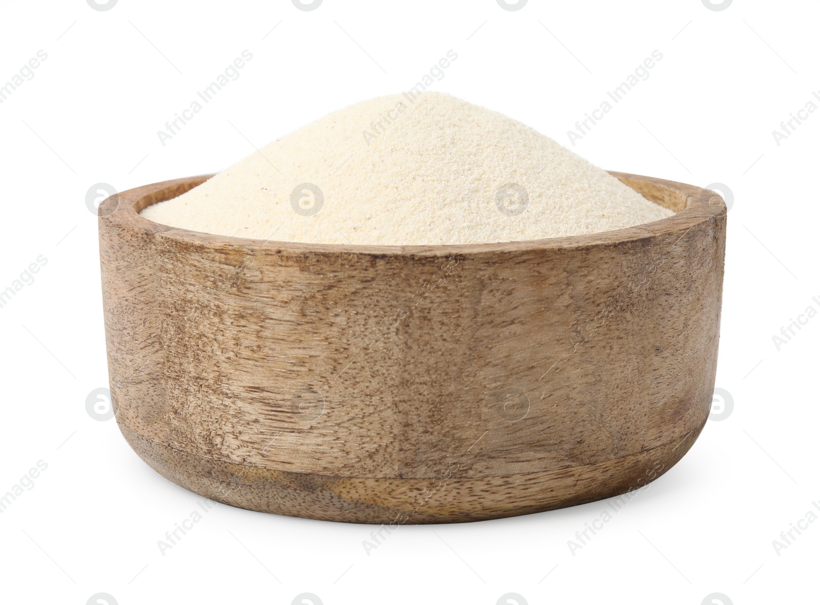 Photo of Bowl of uncooked organic semolina isolated on white