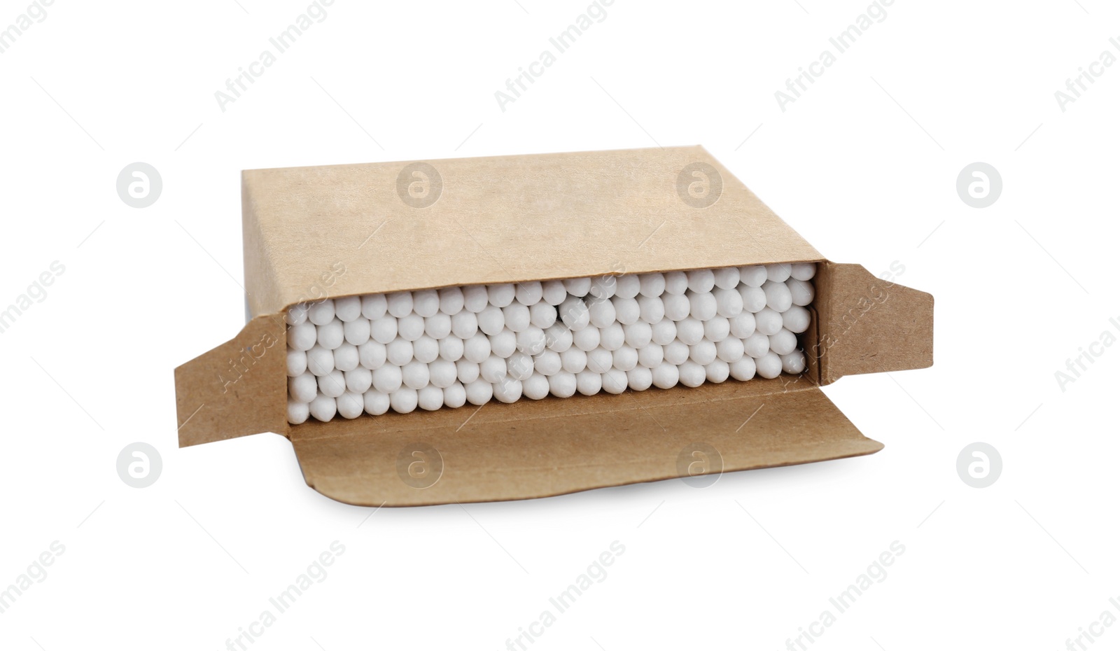 Photo of Cardboard box with cotton buds isolated on white