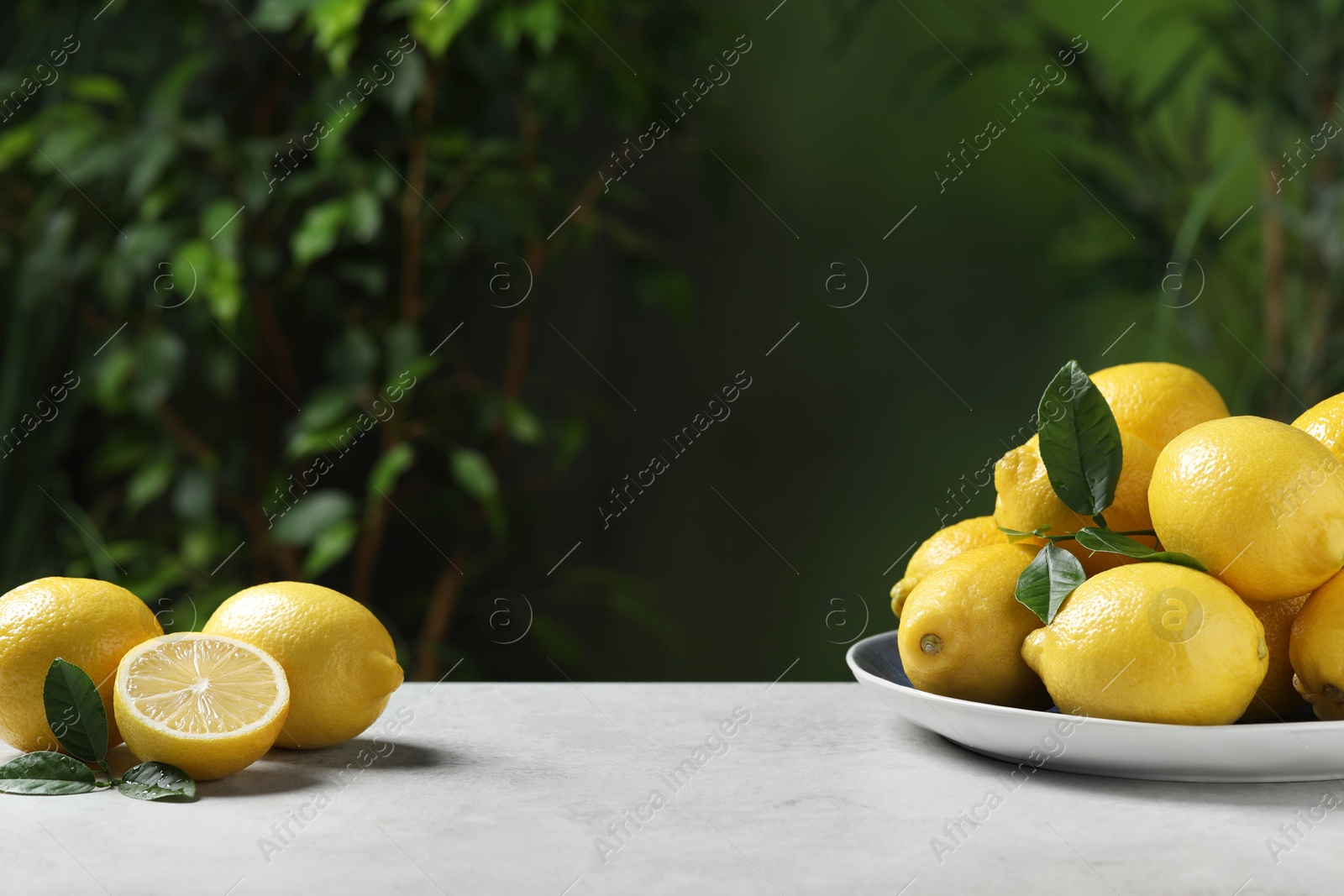 Photo of Fresh lemons and green leaves on table outdoors