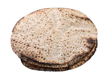 Photo of Tasty matzos on white background, above view. Passover (Pesach) celebration