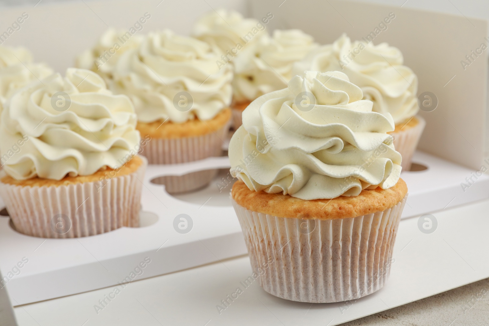 Photo of Tasty cupcakes with vanilla cream in box, closeup