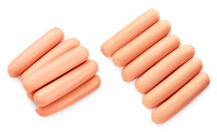 Fresh raw sausages on white background, top view