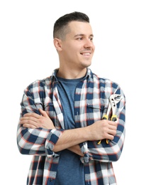 Young plumber with adjustable wrench on white background