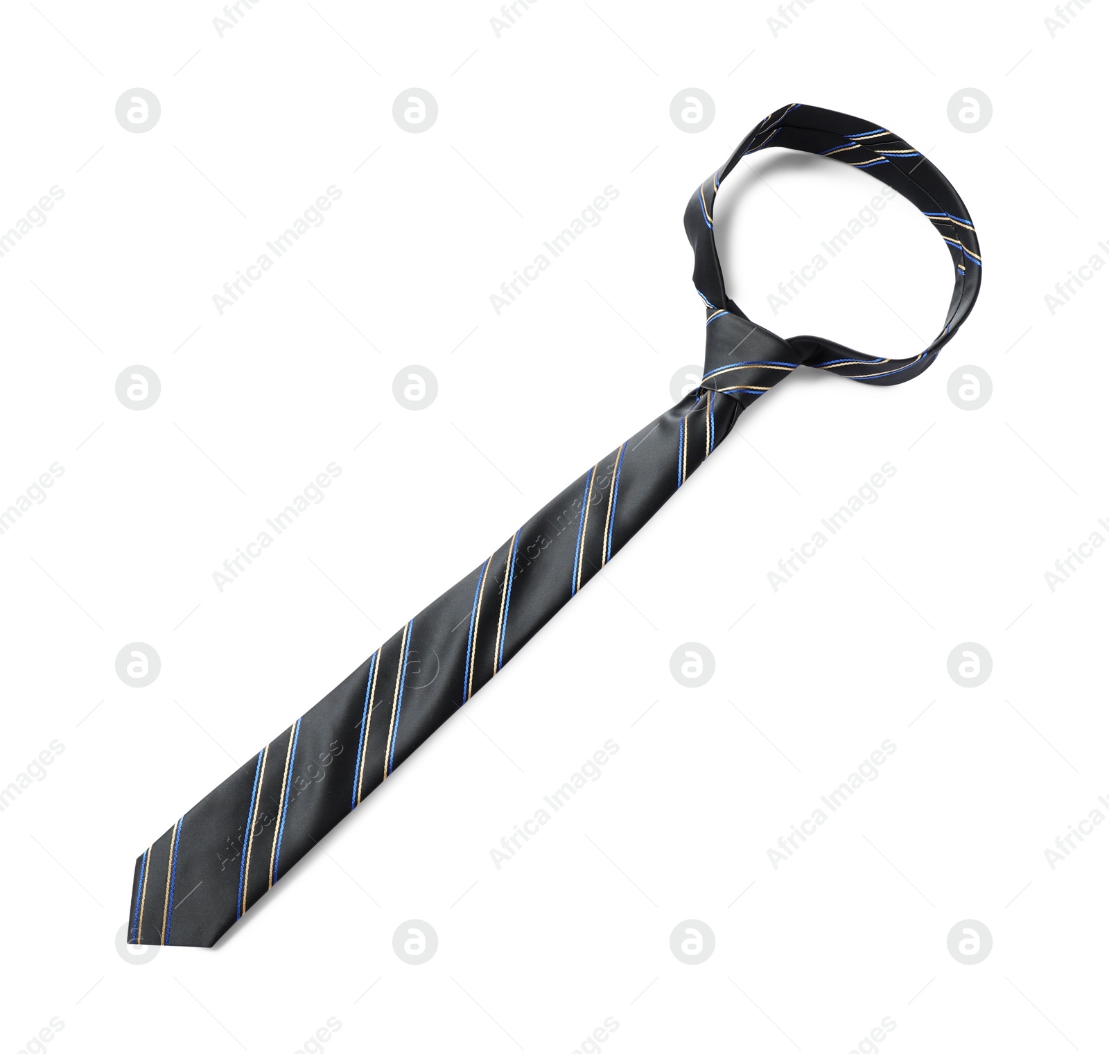 Photo of One striped necktie isolated on white, above view